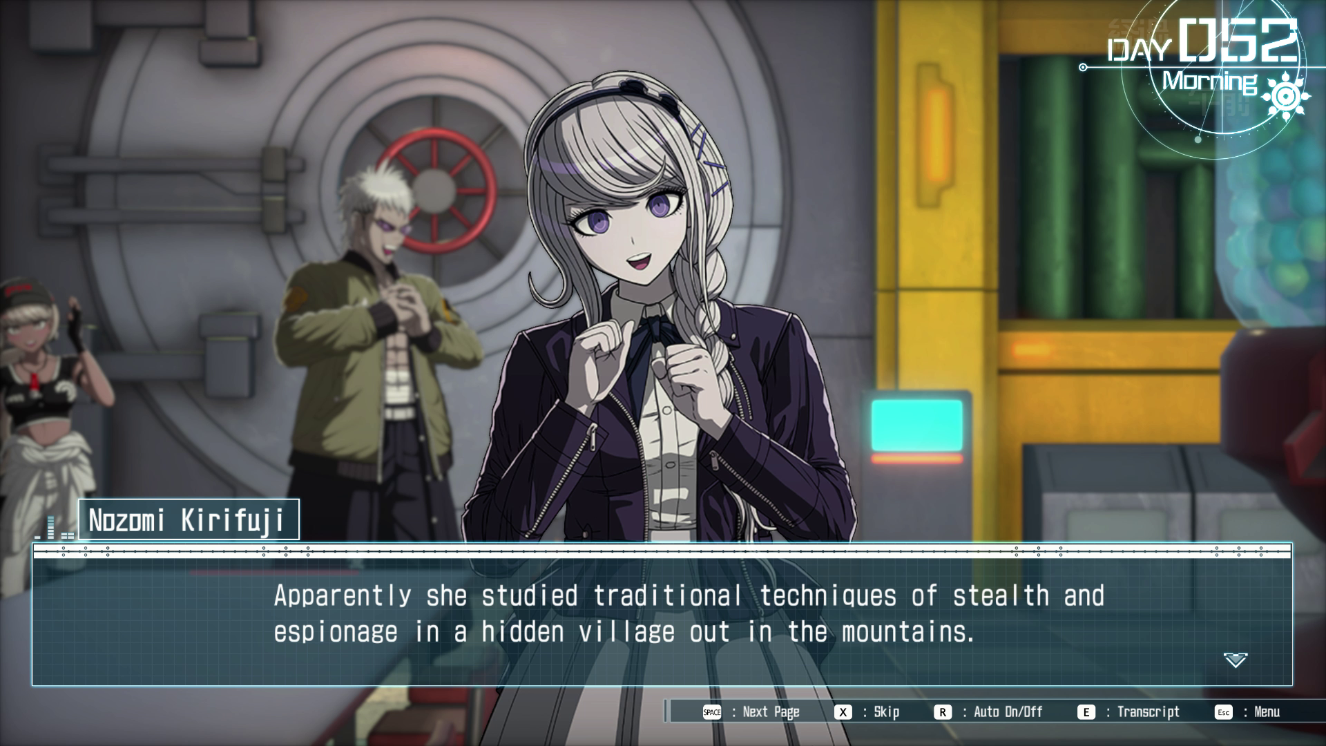 Nozomi, talking about Kyoshika: Apparently she studied traditional techniques of stealth and espionage in a hidden village out in the mountains.