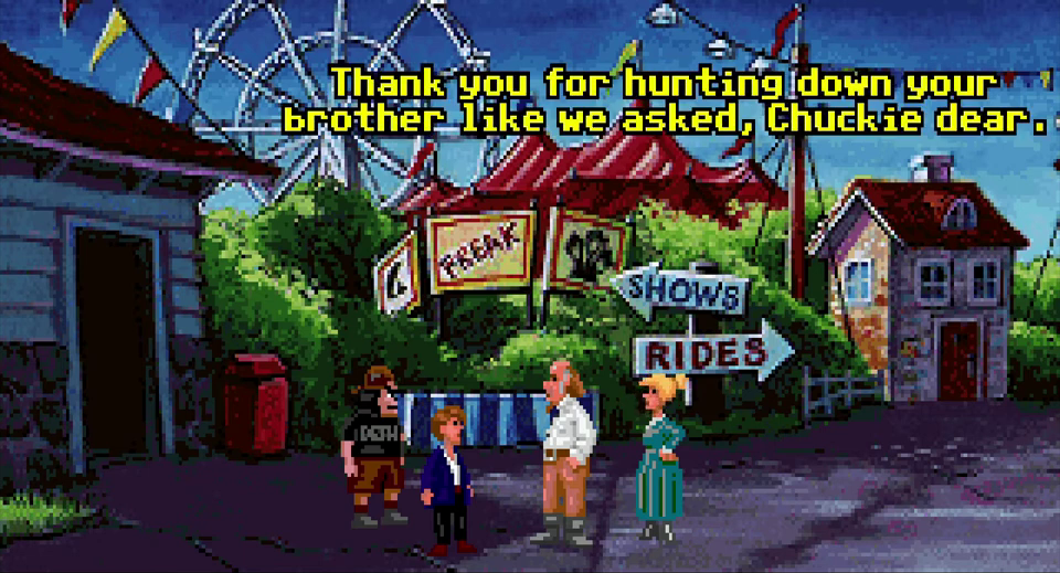 A screen from the ending of Monkey Island 2. A young Guybrush is standing in an amusement park with his supposed parents and brother. His mother says 'Thanky you for hunting down your brother like we asked, Chuckie dear.'
