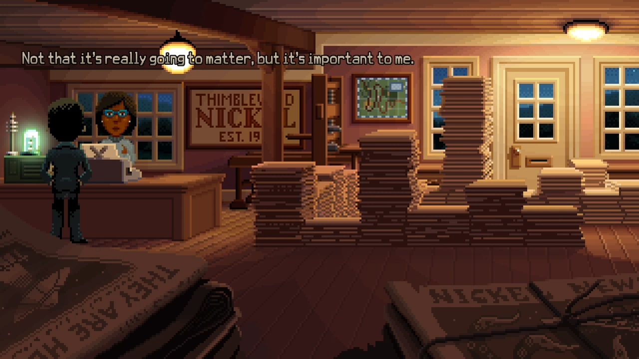 A screen from the ending of Thimbleweed Park. Agent Reyes is talking to Natalie, the reporter from the Thimbleweed Nickle. He says 'Not that it's really going to matter, but it's important to me.'